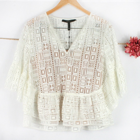 BCBGMaxAzria Tops - BCBGMAXAZRIA Boho White Lace Peplum Top